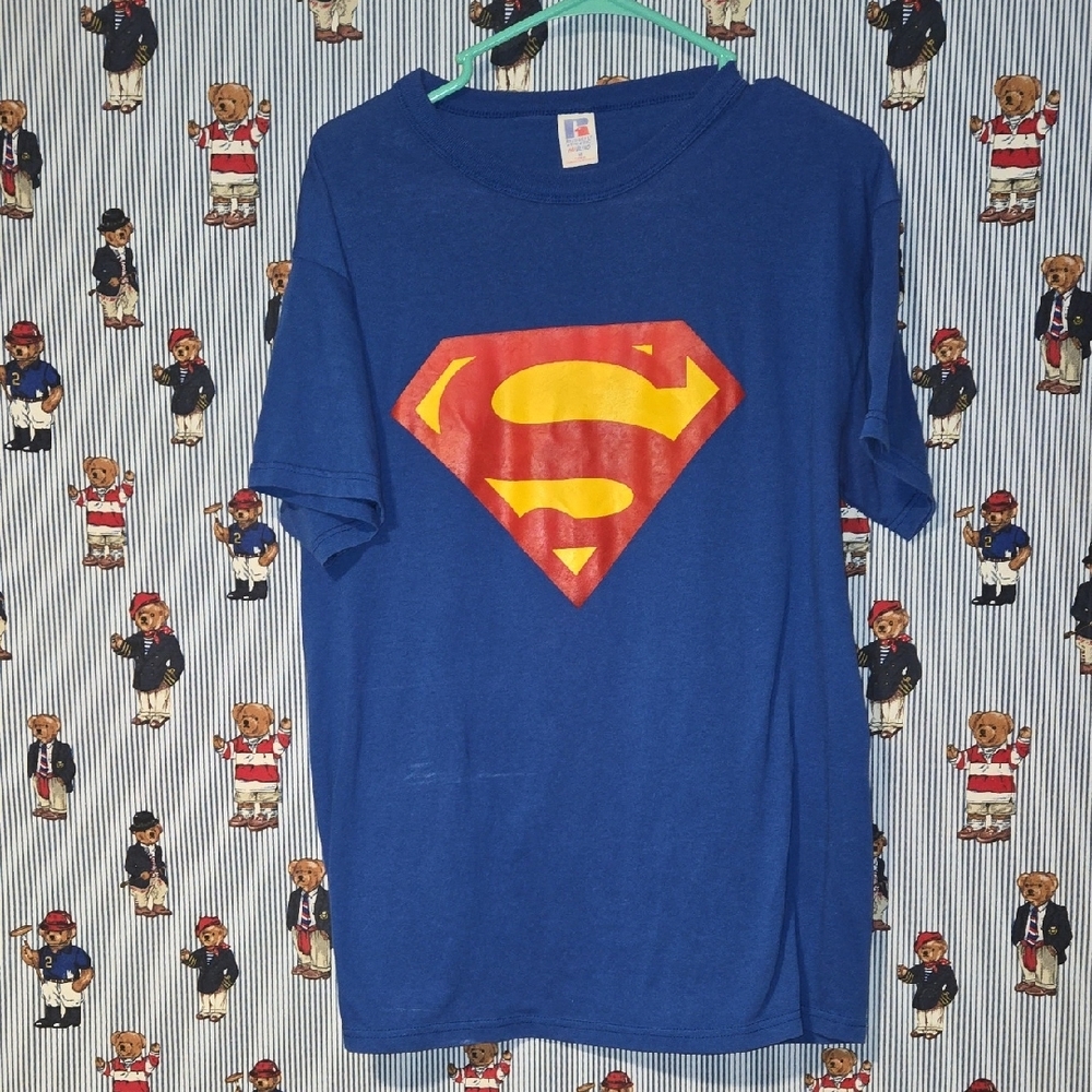 Vintage 80s 90s Y2k Russell Athletic Blue Superman Logo T-Shirt Medium